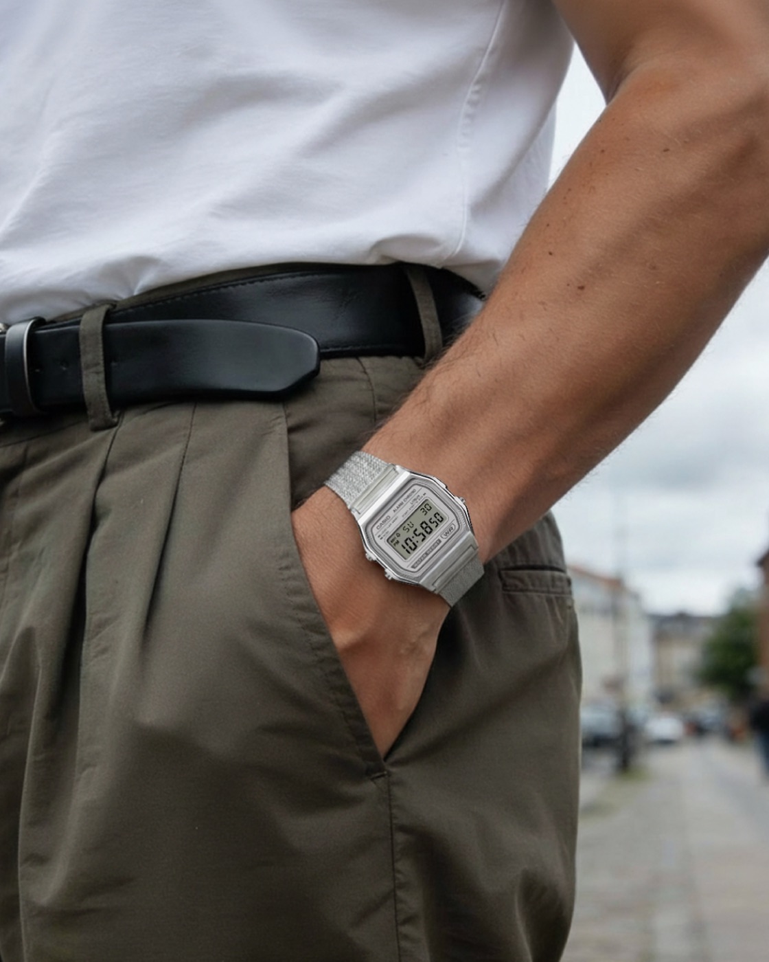 Casio A158WEM classic watch worn casually